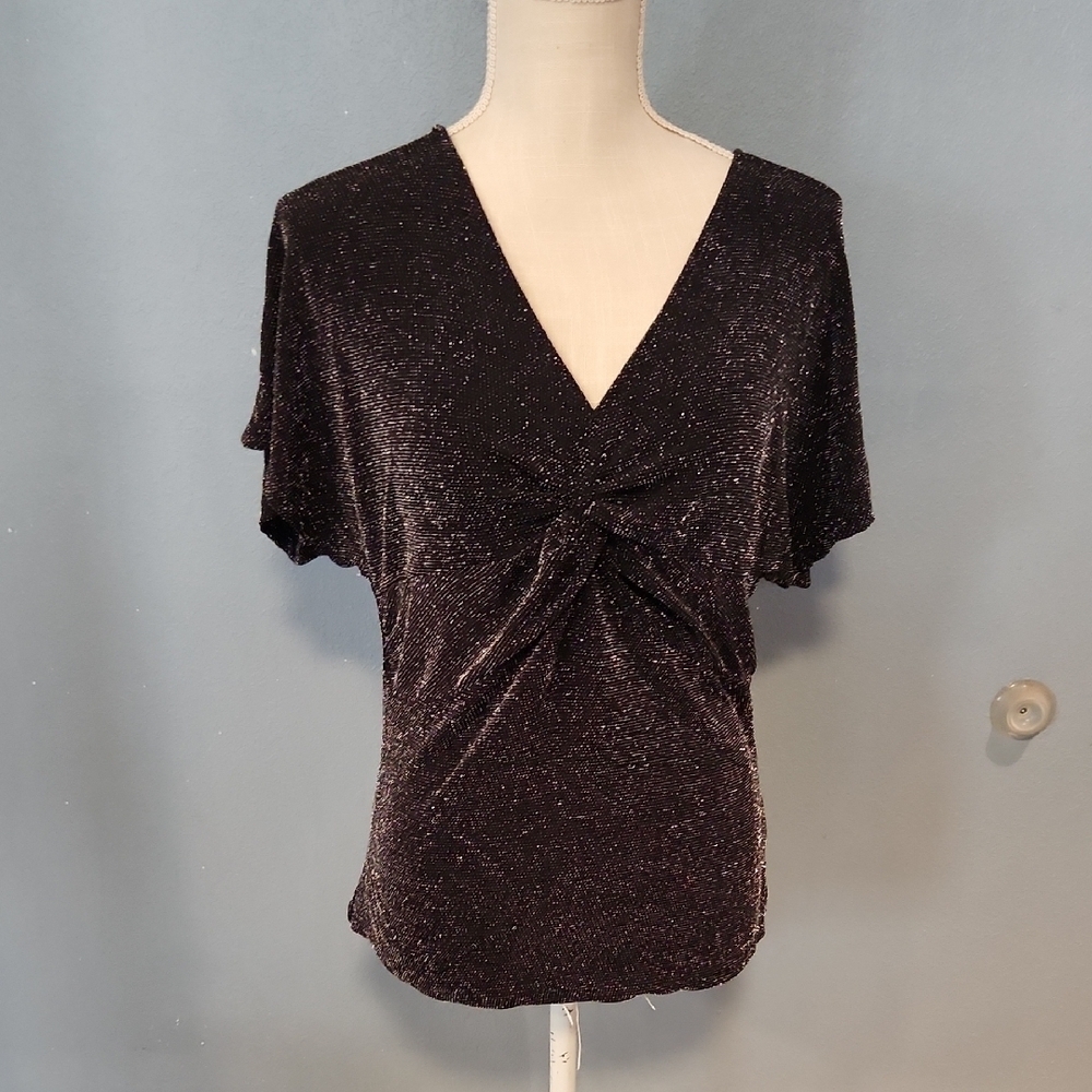 Maurices Sparkle Metalic Ruched Tie Knot Flowy V-neck Blouse Preppy Contemporary